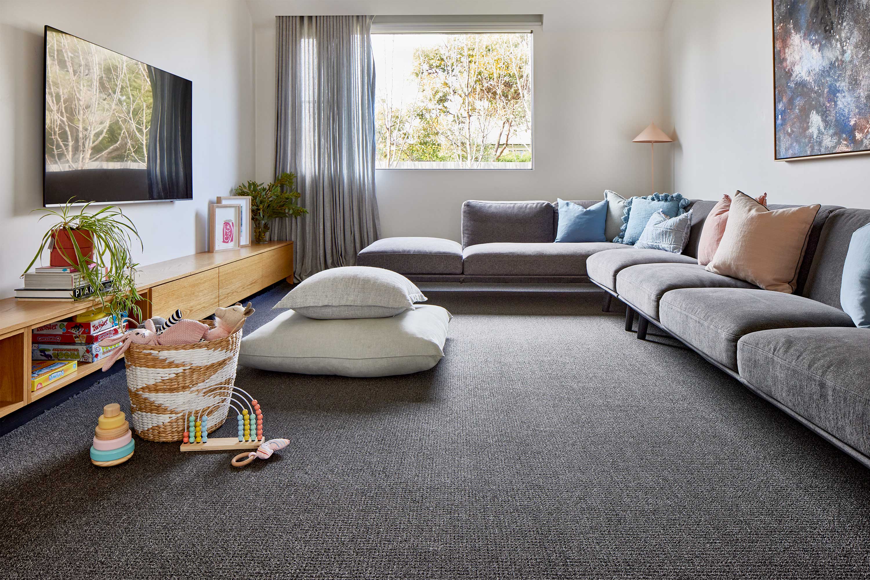 Revolution textured loop carpet in a family living room